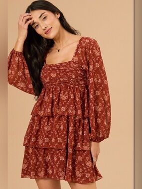 Altar'd State Rust Floral Tiered Mini Dress with Square Neck